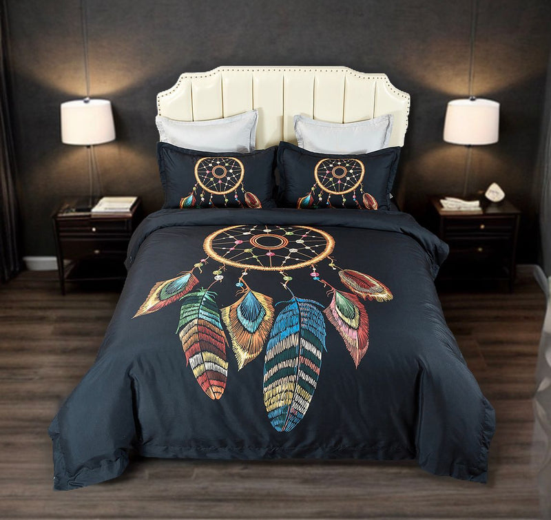 Dream Catcher Quilt Cover Set - Queen Size on bed with matching pillowcases in bedroom setting with nightstands and lamps