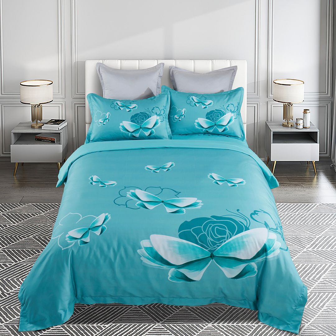 Butterfly Green Quilt Cover Set - Queen Size on bed with white headboard, gray pillows, and bedside tables in modern bedroom