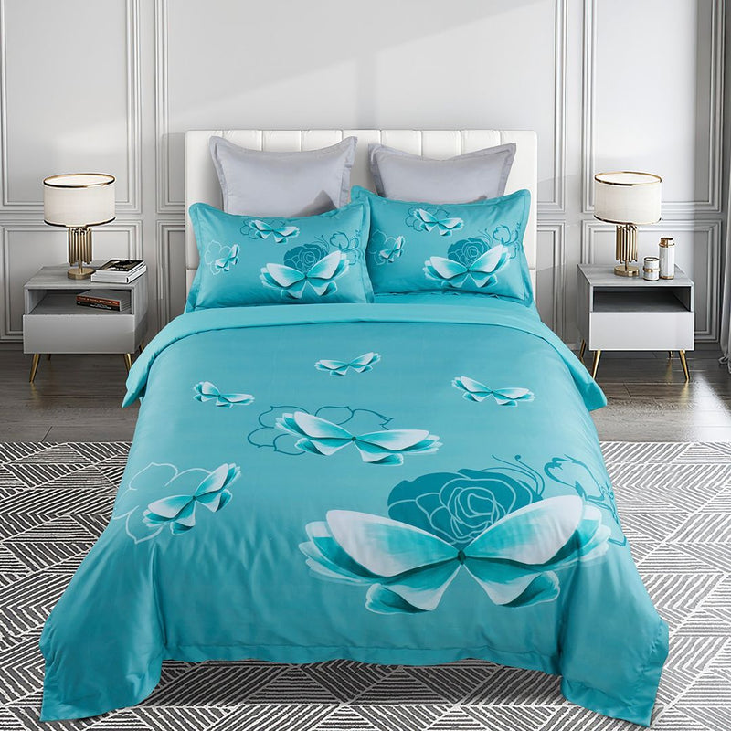 Butterfly Green Quilt Cover Set - Queen Size on bed with white headboard, gray pillows, and bedside tables in modern bedroom