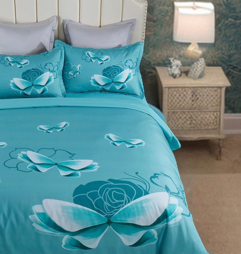 Butterfly Green Quilt Cover Set - Queen Size on bed with butterfly print, gray pillows, and bedside table with lamp.