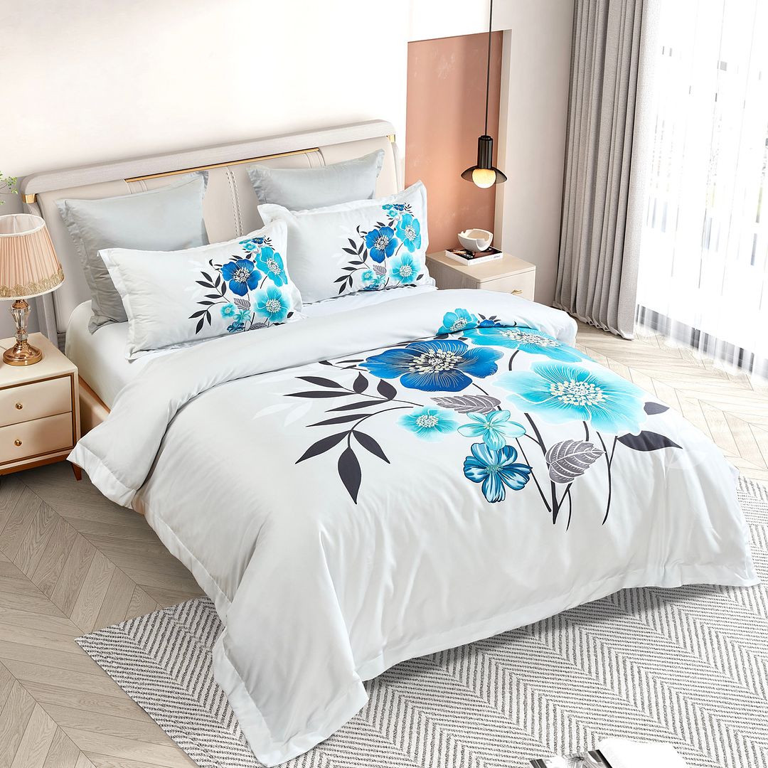 Braithe Floral Quilt Cover Set - Queen Size with blue floral design on white bedding in a modern bedroom setting
