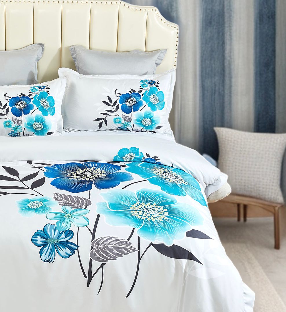 Braithe Floral Quilt Cover Set - Queen Size featuring large blue and teal flowers on white bedding in a bedroom setting