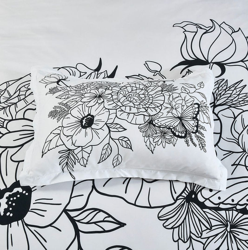 Viene Floral Quilt Cover Set - Queen Size with black and white floral and butterfly print pillow and quilt cover by Bedzy