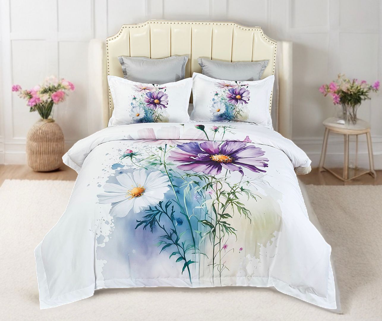 Marrea Floral Quilt Cover Set - Queen Size with purple and white floral design on bed with beige headboard and decor