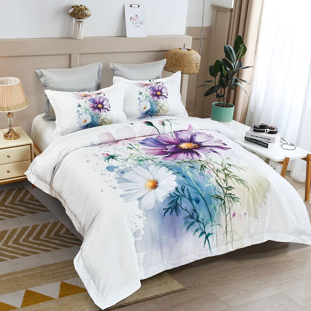 Marrea Floral Quilt Cover Set - Queen Size with purple and white floral design on bed in modern bedroom setting