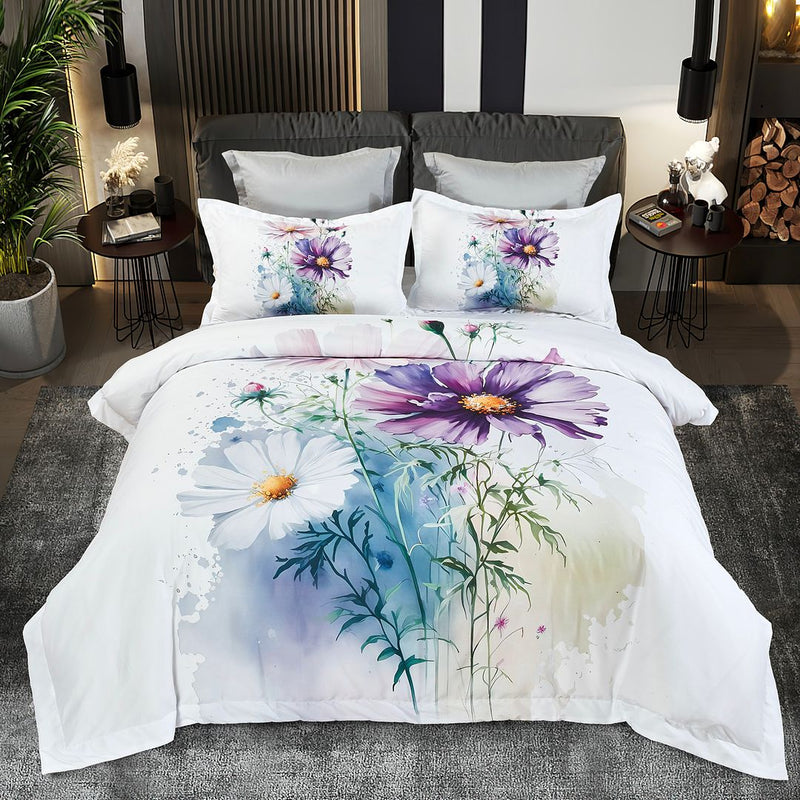 Marrea Floral Quilt Cover Set - Queen Size with purple and white floral design on bed in modern bedroom setting