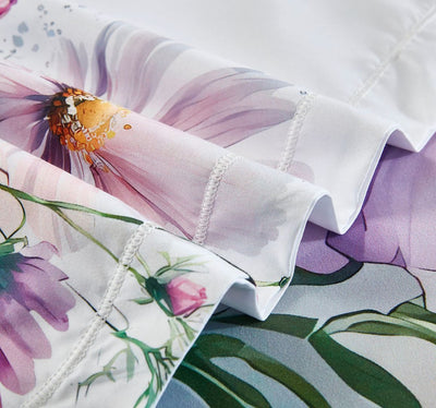 Close-up of Marrea Floral Quilt Cover Set - Queen Size showing floral print and detailed stitching on soft fabric