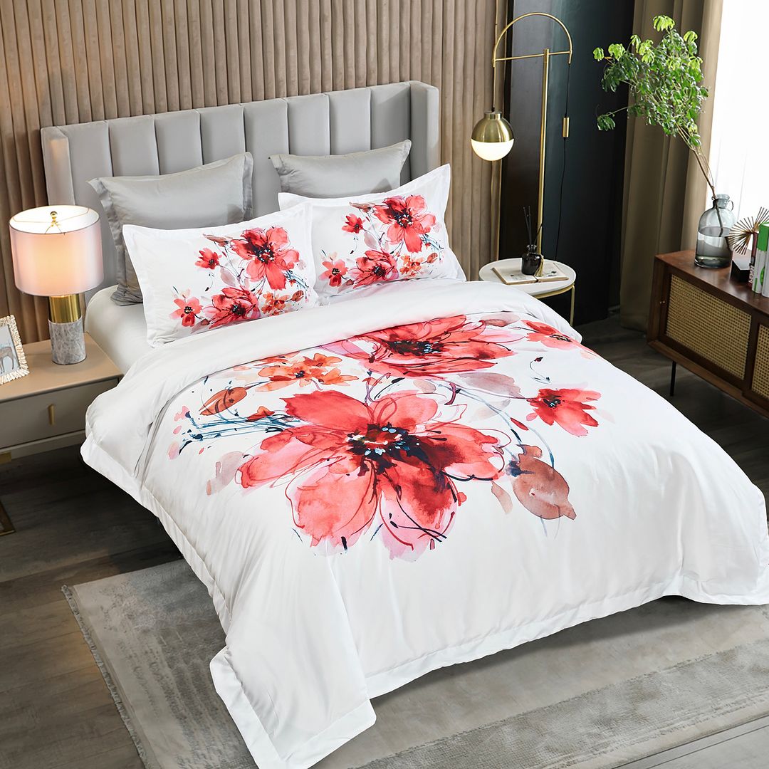 Lulani Floral Quilt Cover Set - Queen Size with bold red flowers on white background, styled on modern Bedzy bed in bedroom setting