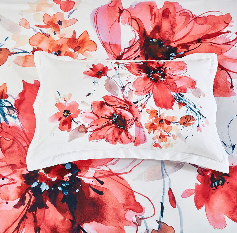 Lulani Floral Quilt Cover Set - Queen Size with red and orange floral design on white background for bedroom bedding by Bedzy