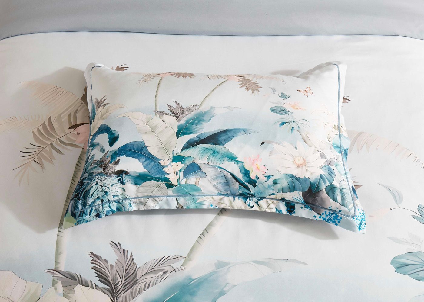 Tropical Quilt Cover Set - Queen Size with botanical print pillow and matching bed cover, styled for bedroom decor.