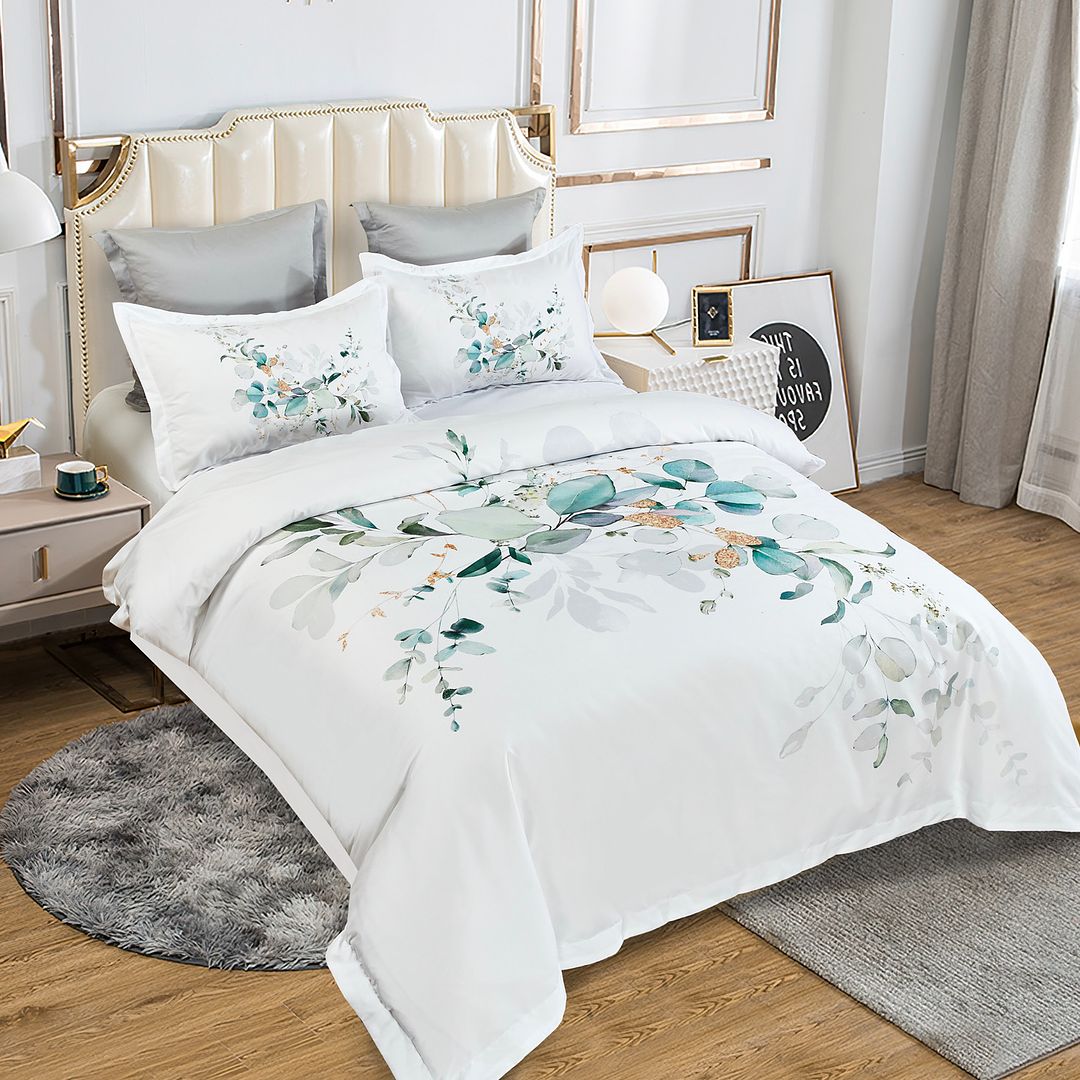Zinya Quilt Cover Set - Queen Size with floral design, soft fabric, styled on cream upholstered bed in bedroom setting