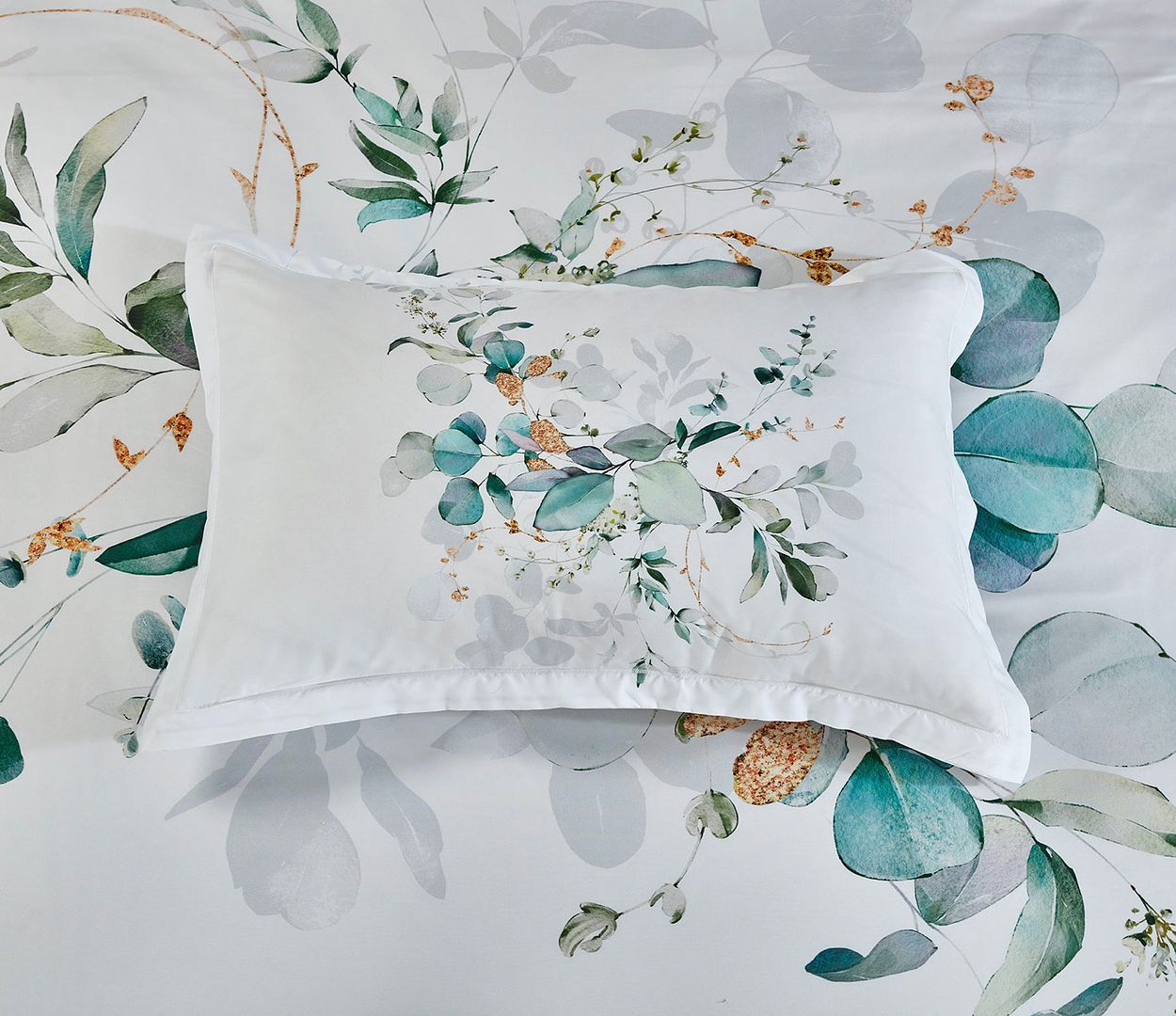 Zinya Quilt Cover Set - Queen Size with botanical print in soft green and beige tones on white background