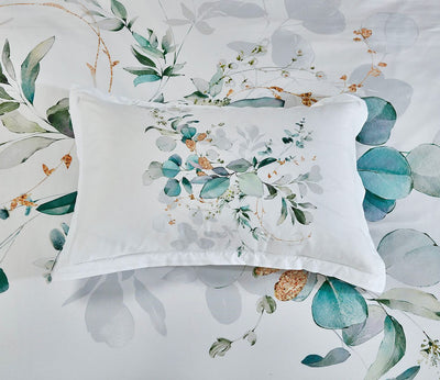 Zinya Quilt Cover Set - Queen Size with botanical print in soft green and beige tones on white background