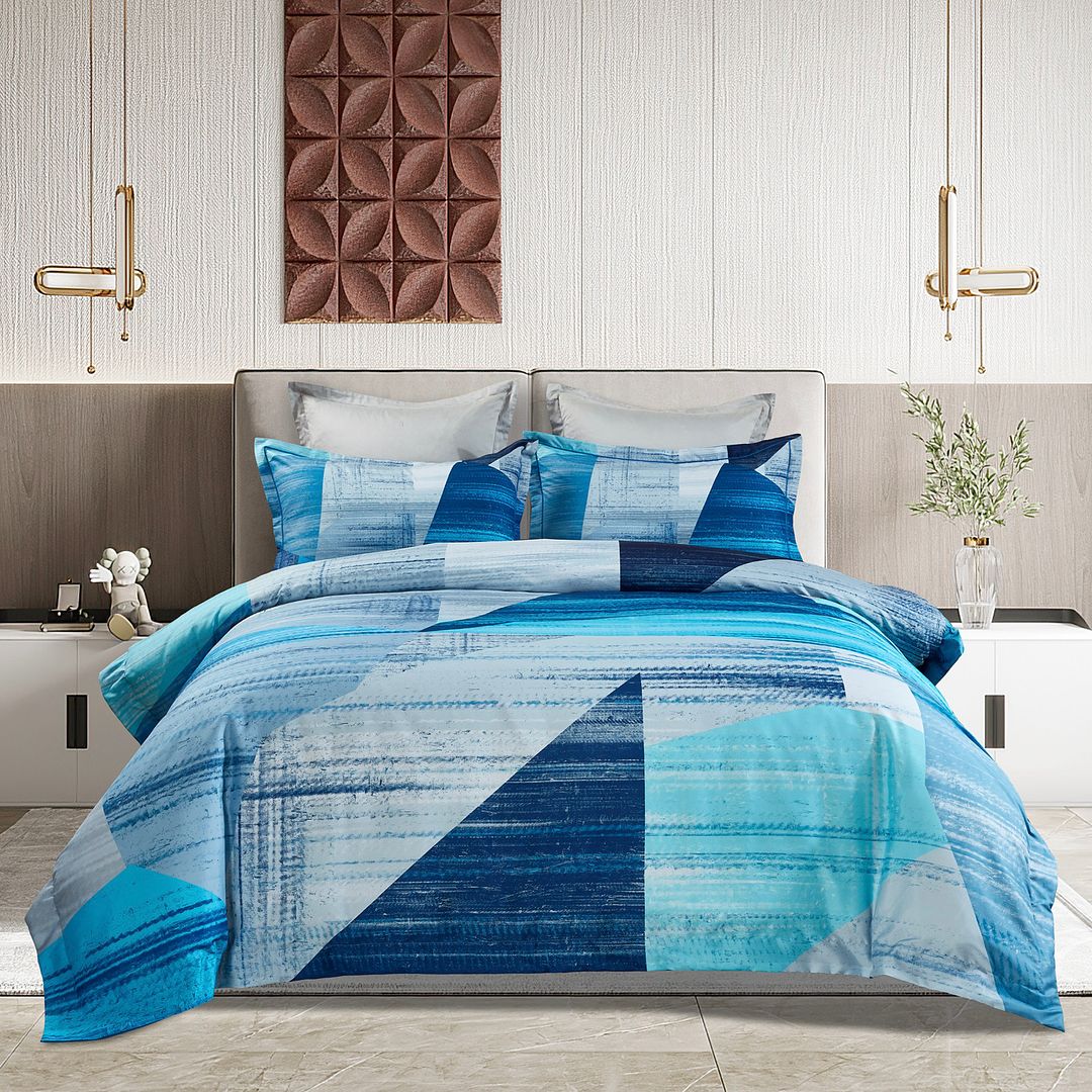 Mondrian Quilt Cover Set - Queen Size in blue geometric pattern, styled on modern bed with bedside tables and lamps