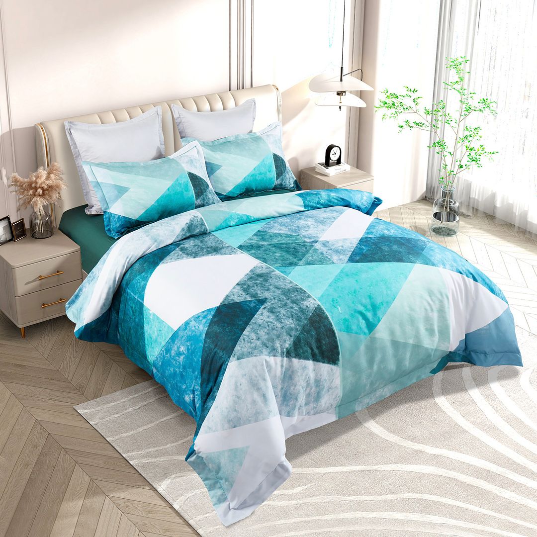 Takashi Quilt Cover Set - Queen Size with geometric blue and teal design on a bed in a modern bedroom setting