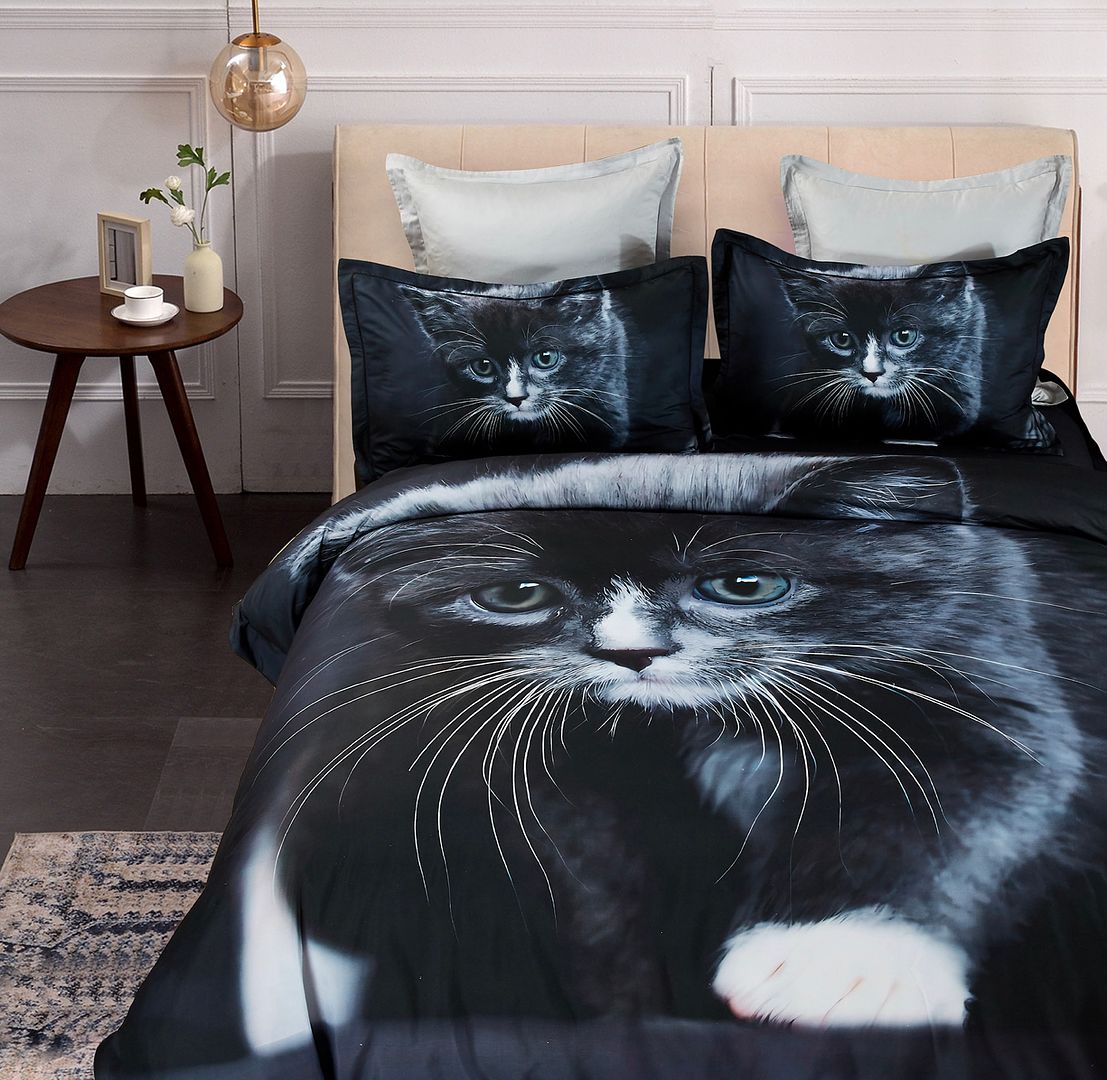 Cat Quilt Cover Set - Queen Size featuring a large realistic black and white cat print with matching pillowcases on a bed.