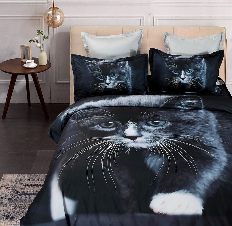 Cat Quilt Cover Set - Queen Size featuring a large realistic black and white cat print with matching pillowcases on a bed.