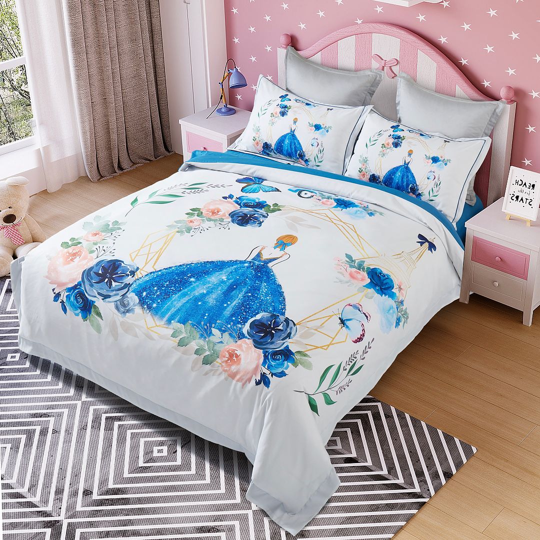Princess Kids Quilt Cover Set - Single Size with blue princess design, floral accents on white bedding in girl's bedroom setting
