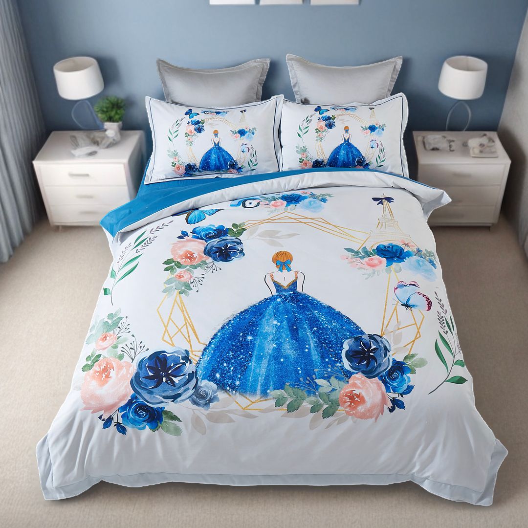 Princess Kids Quilt Cover Set - Single Size with blue princess and floral pattern on white bed in bedroom setting