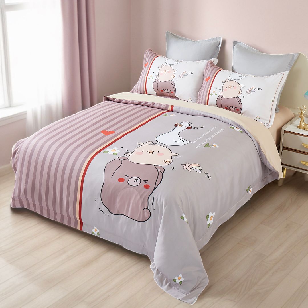 Duck Kids Quilt Cover Set - Single Size with playful duck and bear illustrations, pink and gray striped bedding by Bedzy