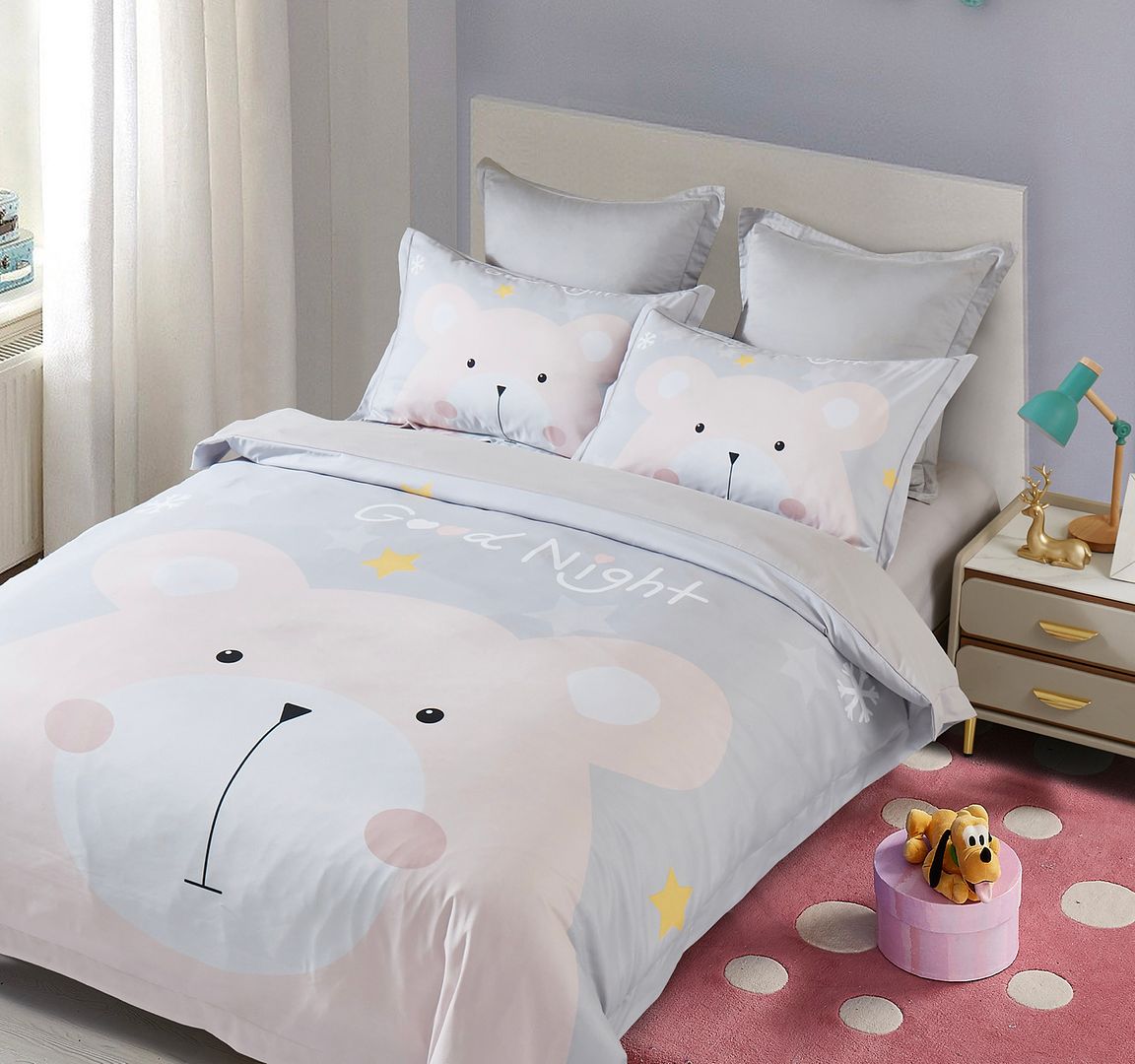 Bear Kids Quilt Cover Set - Single Size with cute bear print on gray bedding in child's bedroom with nightstand and lamp