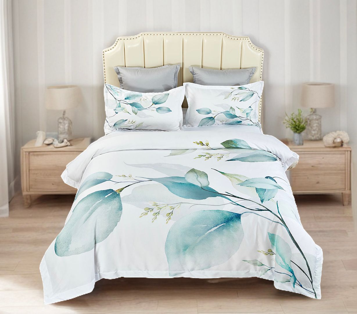 Angelis Leaves Quilt Cover Set - Super King Size on a bed with cream upholstered headboard and wooden bedside tables