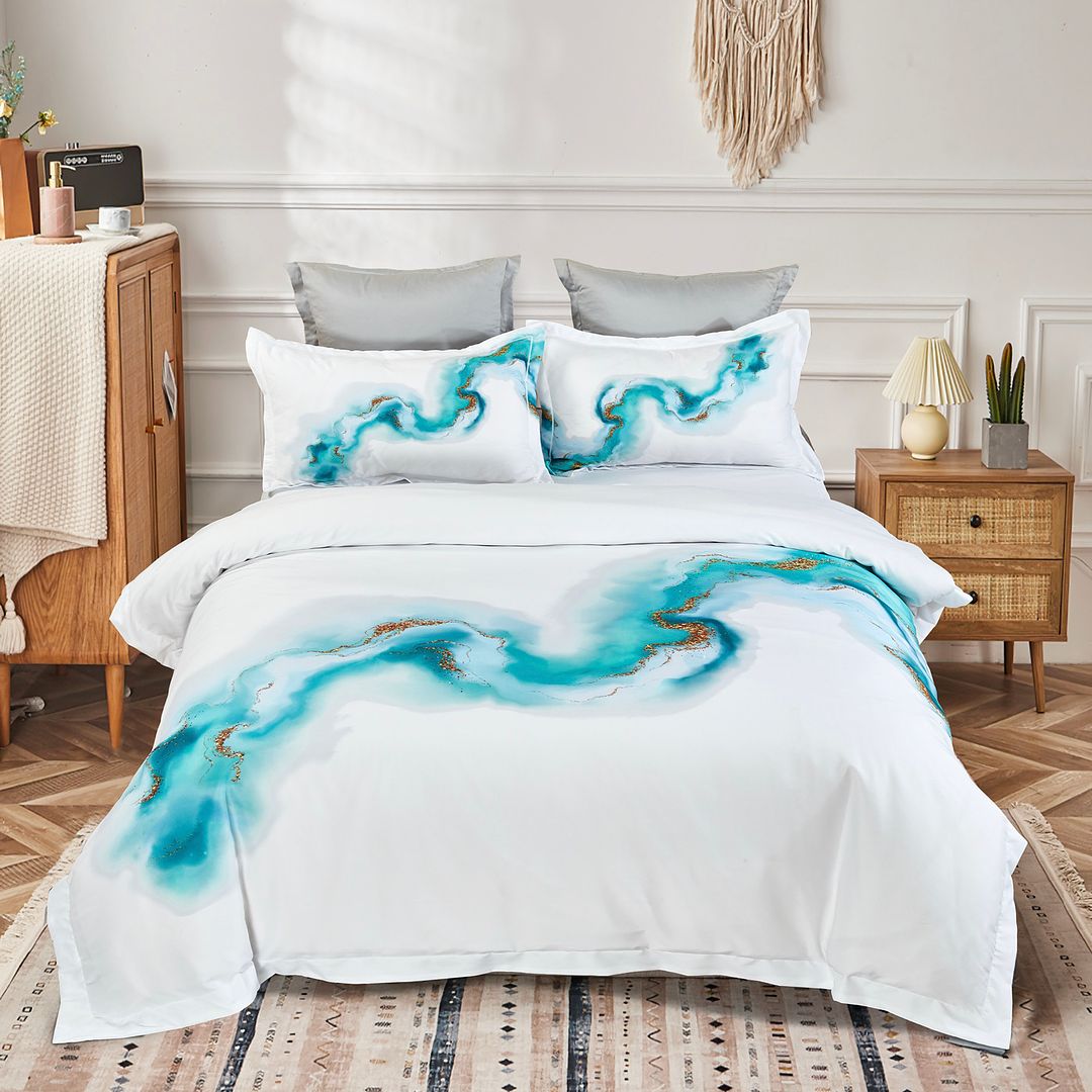 Ocean Marble Quilt Cover Set - Super King Size with turquoise marble pattern on white bedding in styled bedroom setting