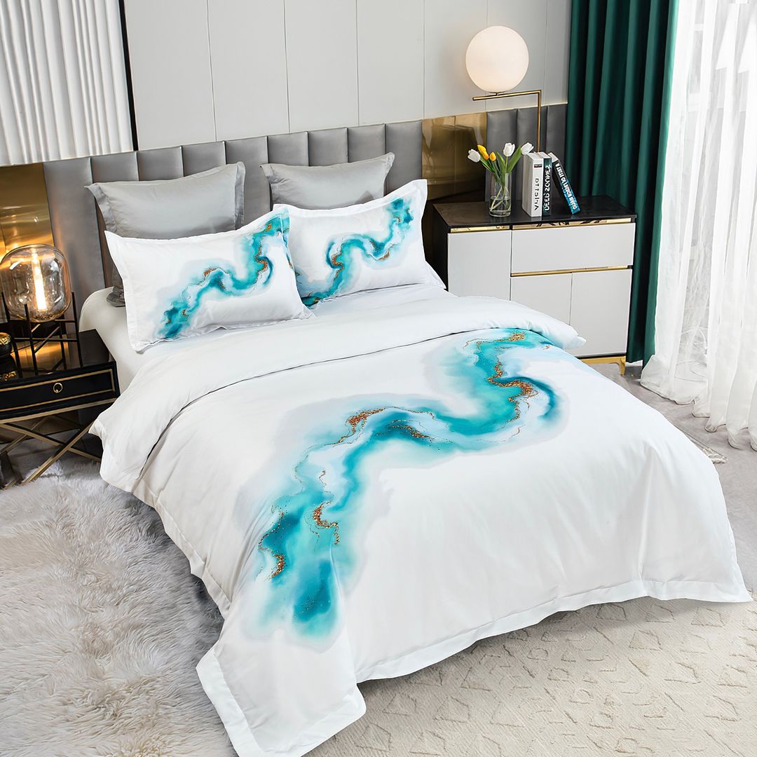Ocean Marble Quilt Cover Set - Super King Size with white base and blue marble pattern on bed in modern bedroom setting