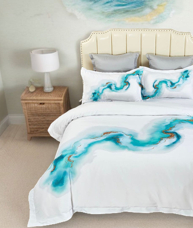 Ocean Marble Quilt Cover Set - Super King Size with turquoise marble pattern on white bedding in styled bedroom setting