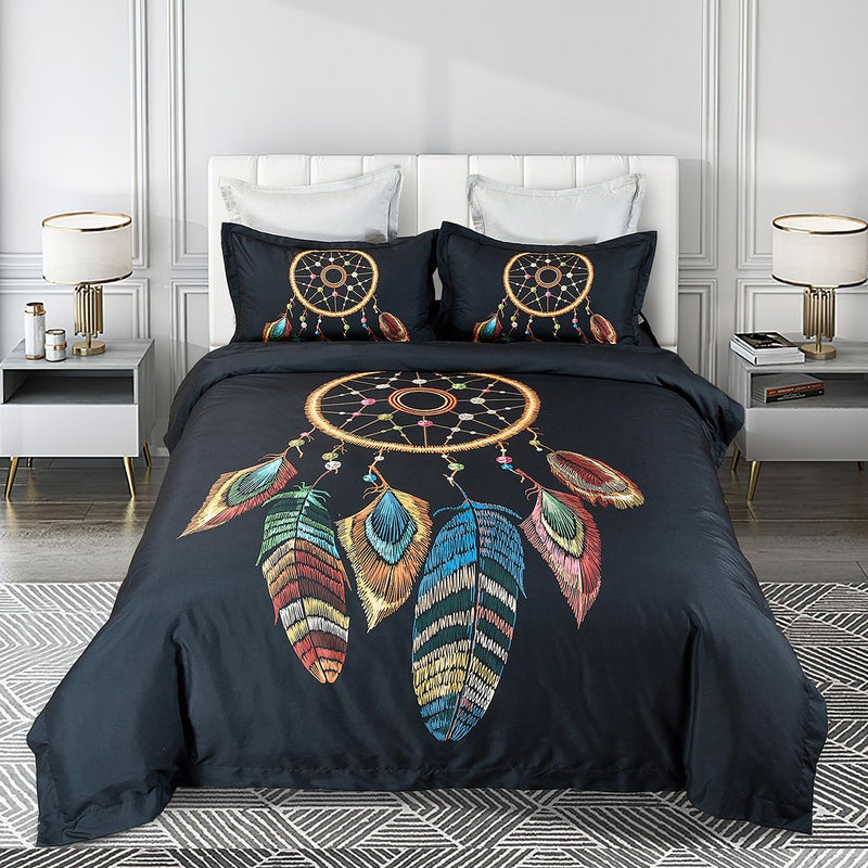 Dream Catcher Quilt Cover Set - Super King Size with colorful feather design on dark bedding in modern bedroom setting