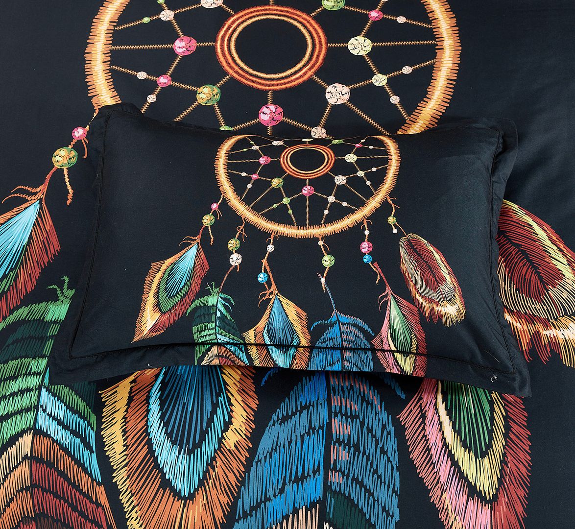 Dream Catcher Quilt Cover Set - Super King Size with colorful feather and ring design on black bedding by Bedzy