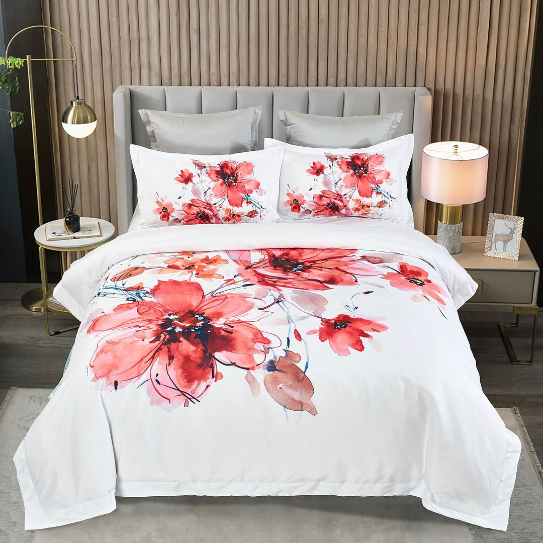 Lulani Floral Quilt Cover Set - Super King Size with large red floral print on white bedding in modern bedroom setting