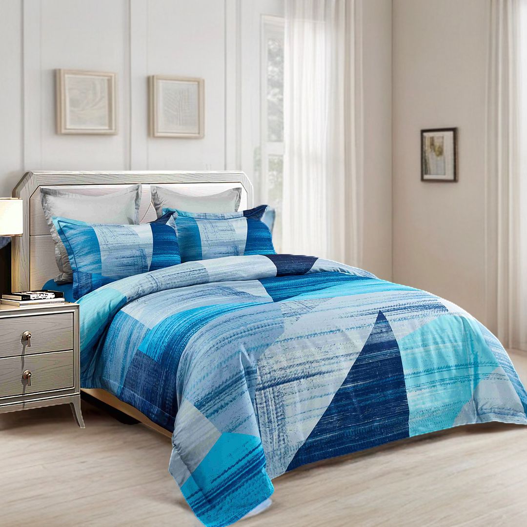 Mondrian Quilt Cover Set - Super King Size with blue geometric pattern on bed in modern bedroom setting