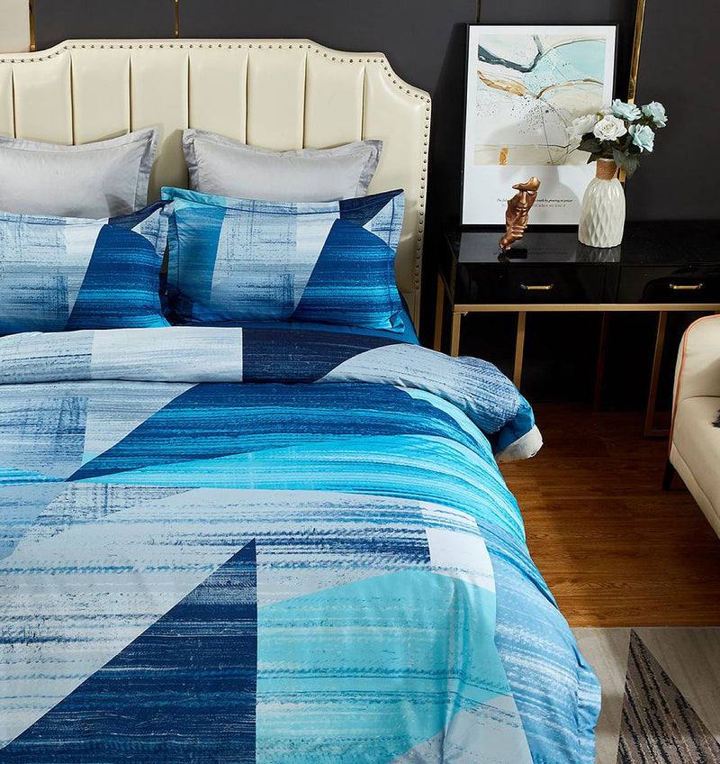 Mondrian Quilt Cover Set - Super King Size with blue abstract design on bed in modern bedroom setting