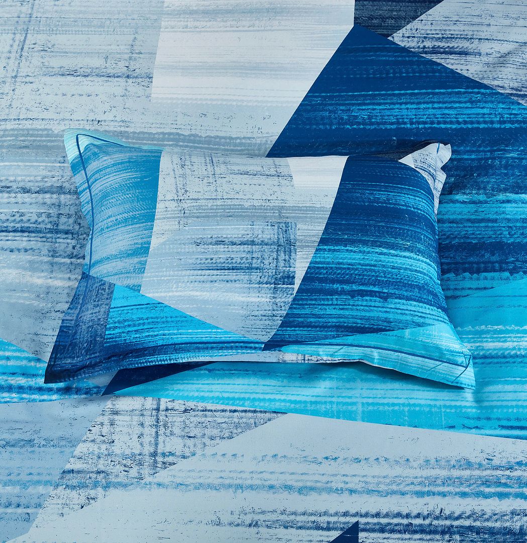 Mondrian Quilt Cover Set - Super King Size in blue geometric pattern, styled with matching pillowcases on bedzy bedding.