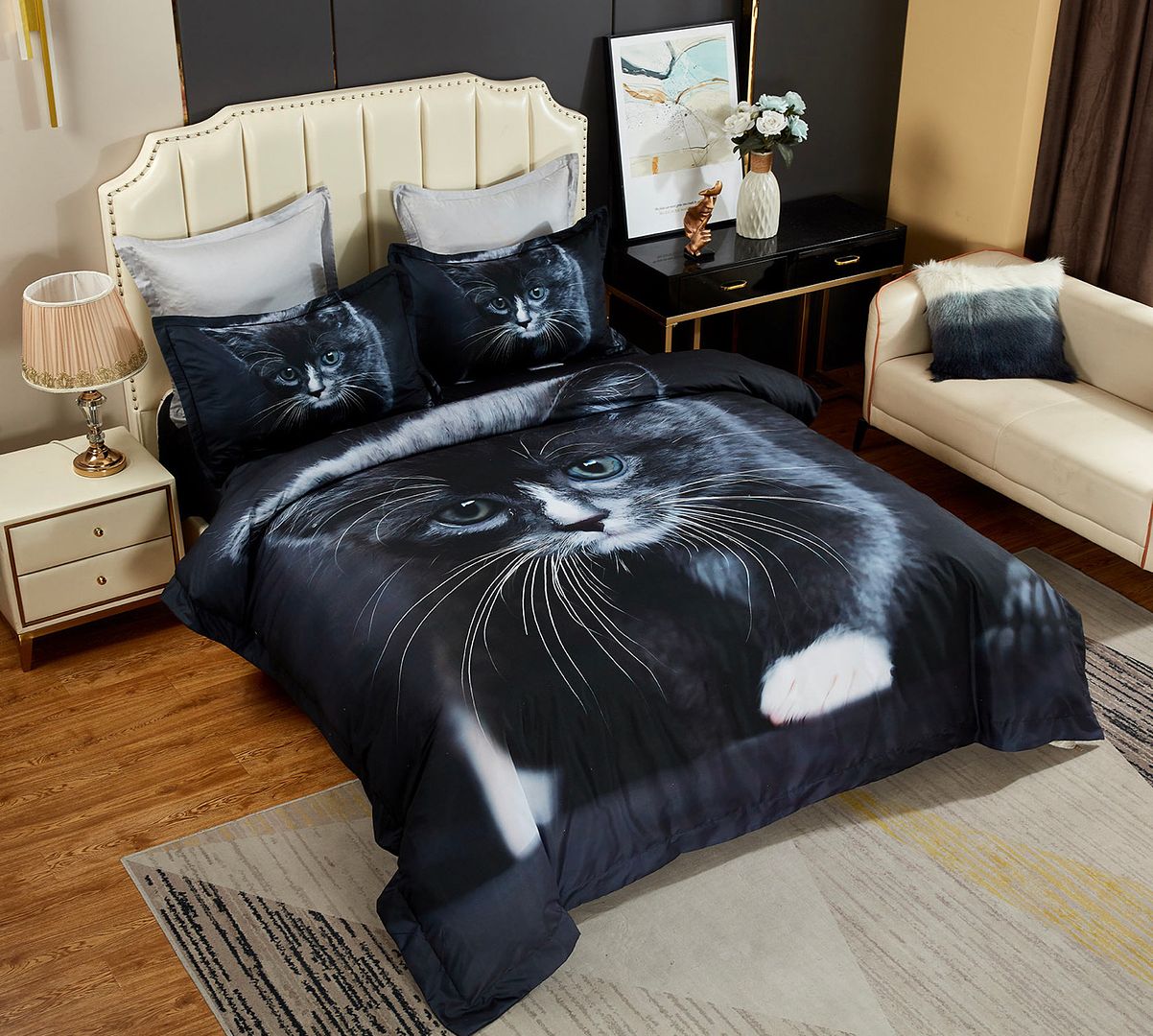 Cat Quilt Cover Set - Super King Size featuring a large realistic black and white cat print on bed in modern bedroom setting