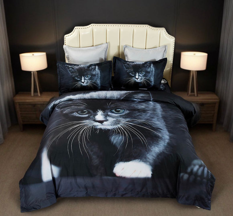 Cat Quilt Cover Set - Super King Size with realistic black cat design on quilt and matching pillowcases on cream upholstered bed