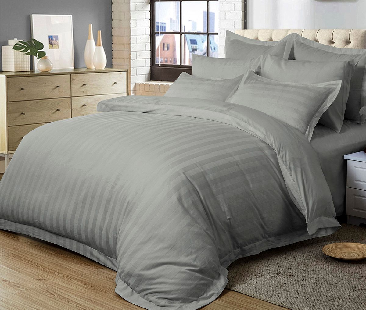 1000TC Ultra Soft Striped Super King Size Grey Duvet Doona Quilt Cover Set displayed on bed in modern bedroom setting