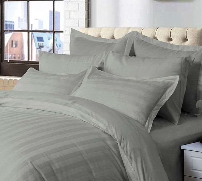 1000TC Ultra Soft Striped Super King Size Grey Duvet Doona Quilt Cover Set on tufted bed with pillows in natural light bedroom