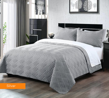 3 piece embossed comforter set king silver with textured pattern on bed in modern bedroom setting
