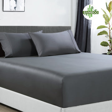 400 thread count bamboo cotton 1 fitted sheet with 2 pillowcases king charcoal on bed with gray headboard and white base