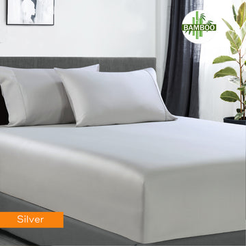 400 thread count bamboo cotton 1 fitted sheet with 2 pillowcases mega queen silver on a modern bed with gray headboard