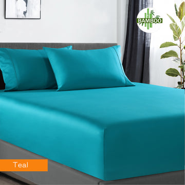 400 thread count bamboo cotton 1 fitted sheet with 2 pillowcases queen teal on a neatly made bed in bedroom setting
