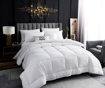 ultra warm winter weight down alternative quilt doona 800gsm single on gray upholstered bed with pillows in modern bedroom