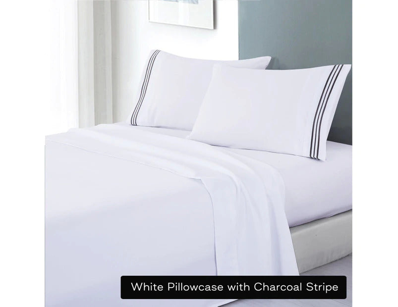 soft microfibre embroidered stripe sheet set queen white pillowcase charcoal stripe on modern bed