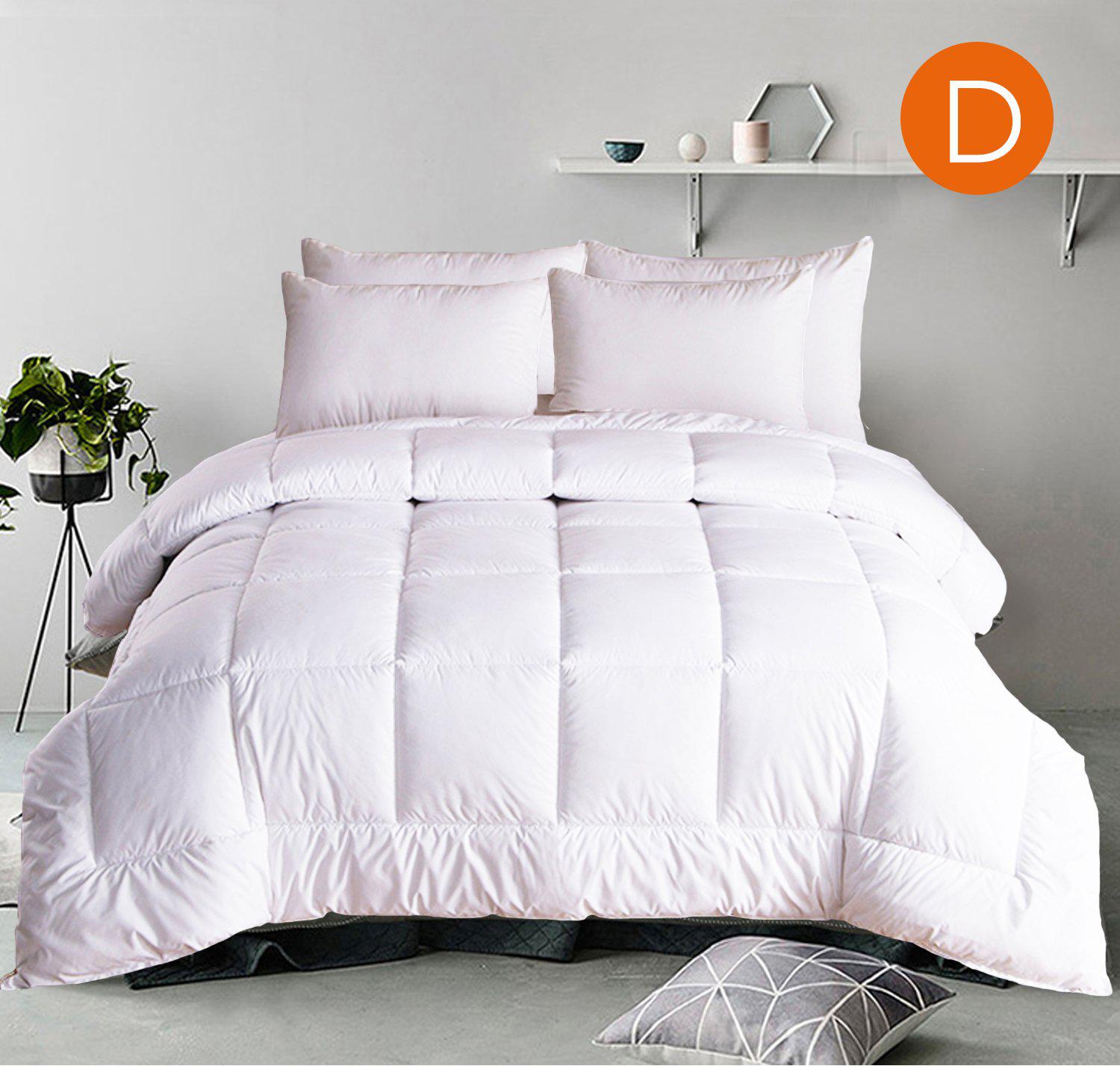 Down alternative quilt doona 500gsm king in white on bed with pillows, modern bedroom setting and plant decor