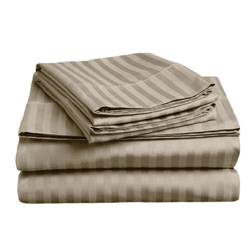 Soft stripe microfibre sheet set queen taupe neatly folded, showing subtle 2cm striped pattern and smooth texture.