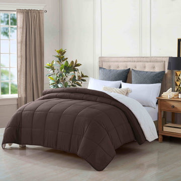 King size reversible plush soft sherpa comforter quilt chestnut styled on bed in modern bedroom setting