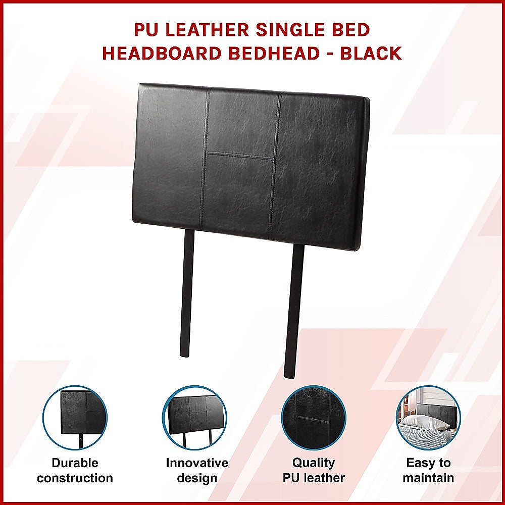 Single Size | Bed Headboard (Black) with durable PU leather, modern stitched design, easy to mount for bedroom furniture.