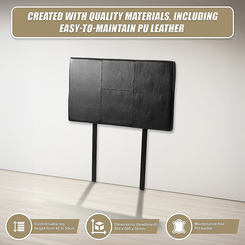 Single Size | Bed Headboard (Black) in PU leather with customizable legs and maintenance-free design for bedroom furniture